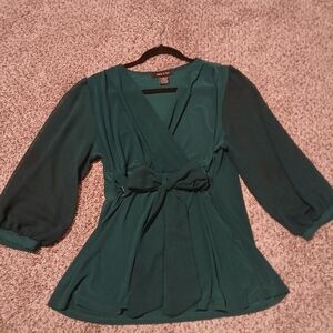 Teal Wrap-Front Blouse with Tie Waist